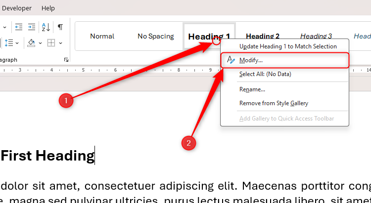 Le menu avec le bouton droit sur la galerie de style 1 dans Word's Style est activé et Modify est sélectionné dans ce menu.