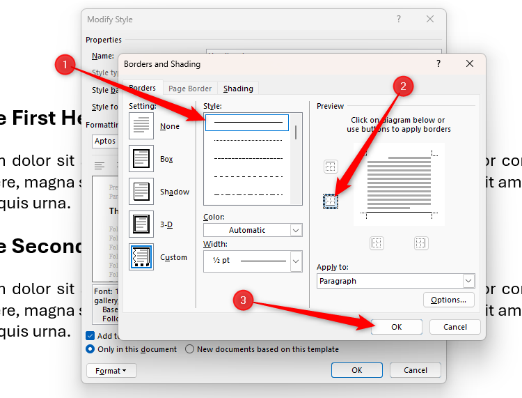 La boîte de dialogue Borders and Shading dans Microsoft Word, avec le style de bordure sélectionné, la bordure inférieure activée et le bouton OK mis en évidence.