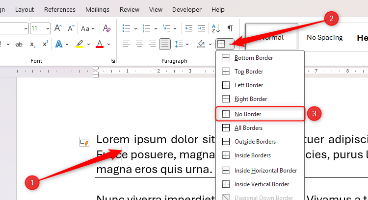 L'option No Border dans le menu déroulant Borders dans Microsoft Word.