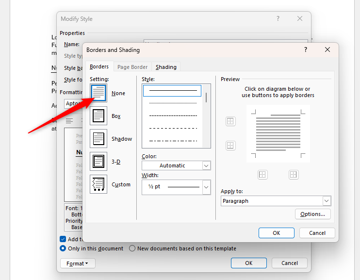La boîte de dialogue Borders and Shading dans Microsoft Word, sans aucune sélection.