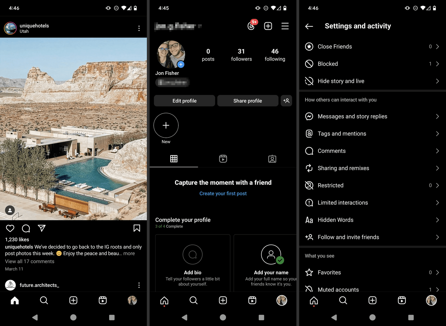 Le flux Instagram, la page de profil et les paramètres et les écrans de confidentialité dans l'application Android