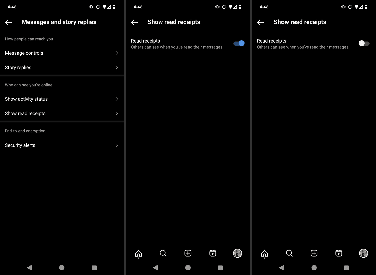 Les reçus de lecture basculent dans l'application Instagram pour Android