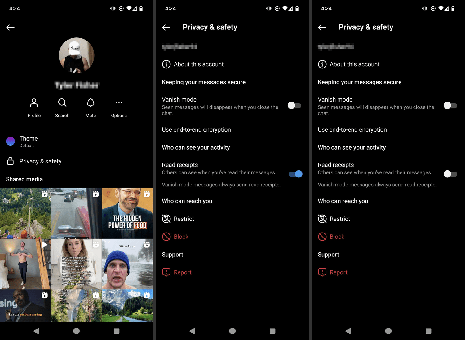 Les reçus de lecture Instagram basculent dans les paramètres de confidentialité et de sécurité pour une conversation