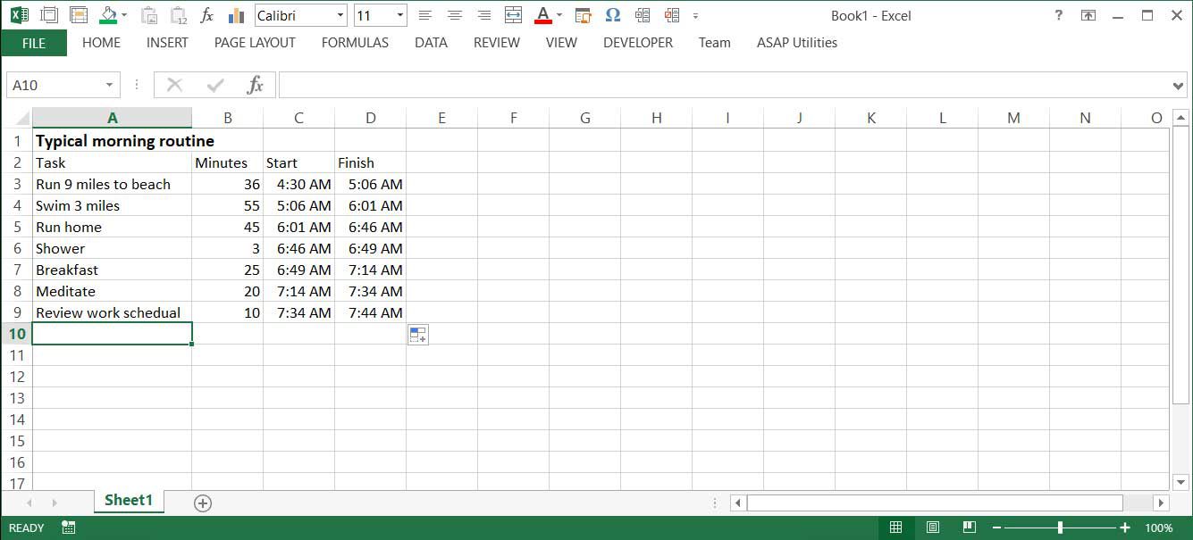 Excel montrant l'horaire du matin