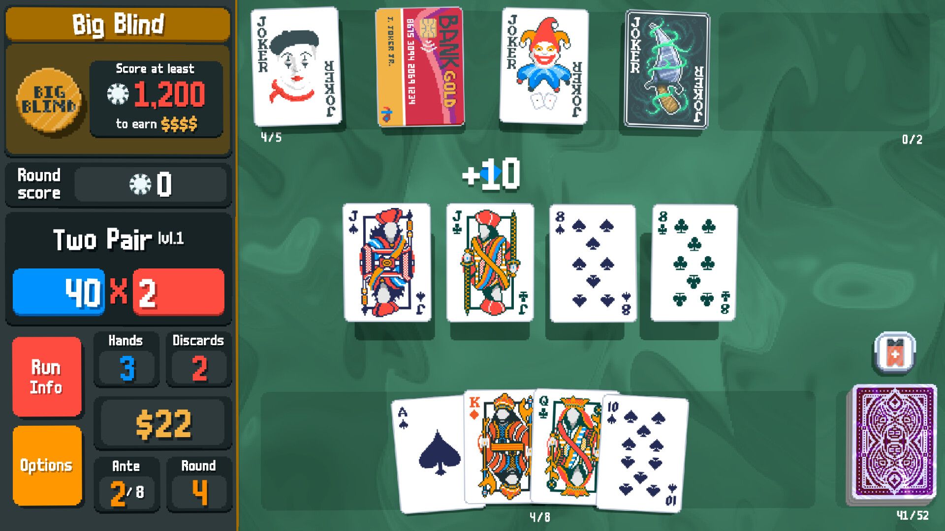 Capture d'écran officielle de Balatro montrant un état de jeu typique.