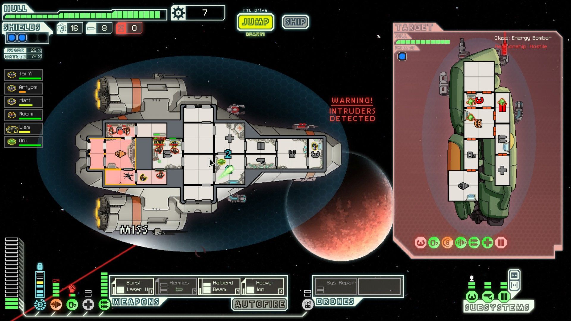 Capture d'écran officielle de la FTL montrant le gameplay typique de votre plan d'étage et d'un navire ennemi.