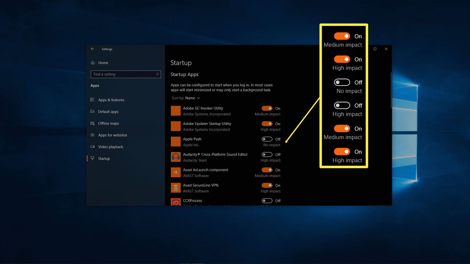 Une capture d'écran des applications de démarrage Windows.