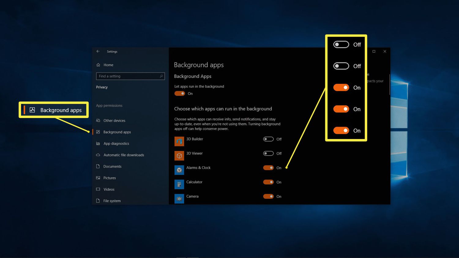 Applications d'arrière-plan dans Windows 10.