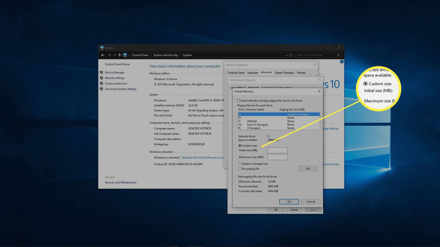 Une capture d'écran de l'ajustement de la mémoire virtuelle dans Windows 10.
