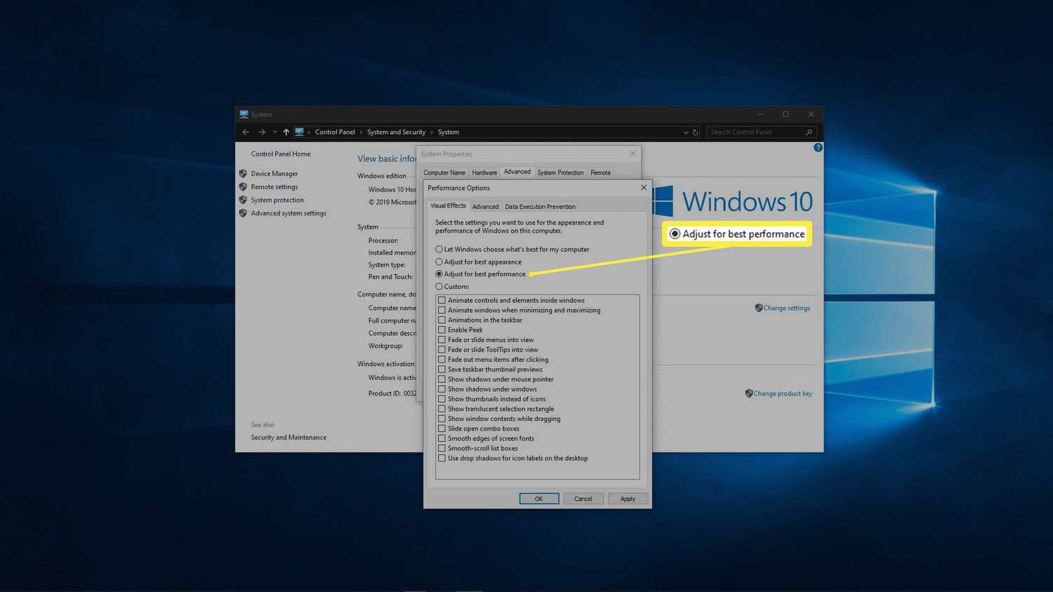 Une capture d'écran de désactivation des effets visuels dans Windows 10.