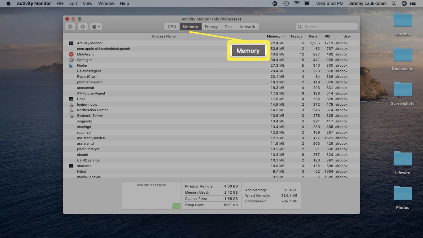 Une capture d'écran du moniteur d'activité montrant l'utilisation de la mémoire.