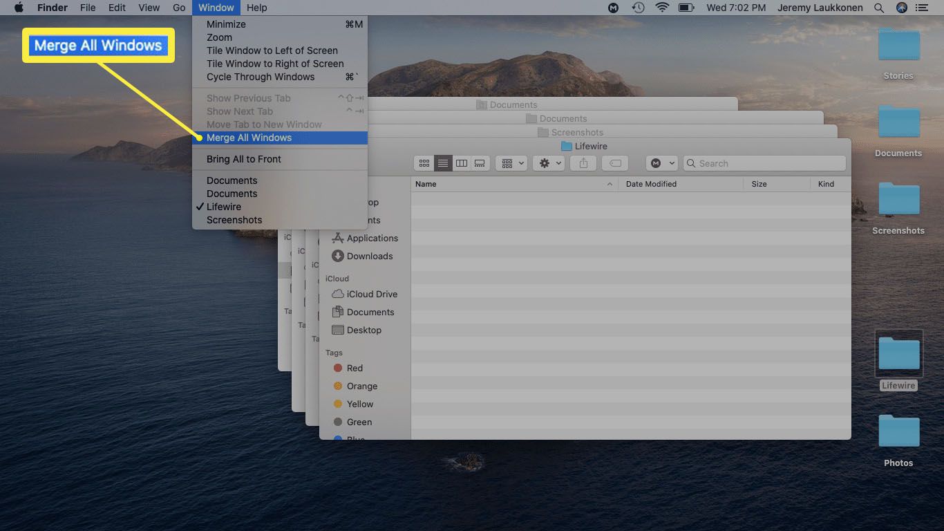 Une capture d'écran de la fusion de Windows Finder via la commande de menu.