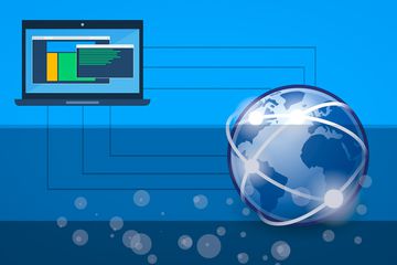 Ordinateur portable animé montrant un navigateur Web connecté à un globe connecté (le web)