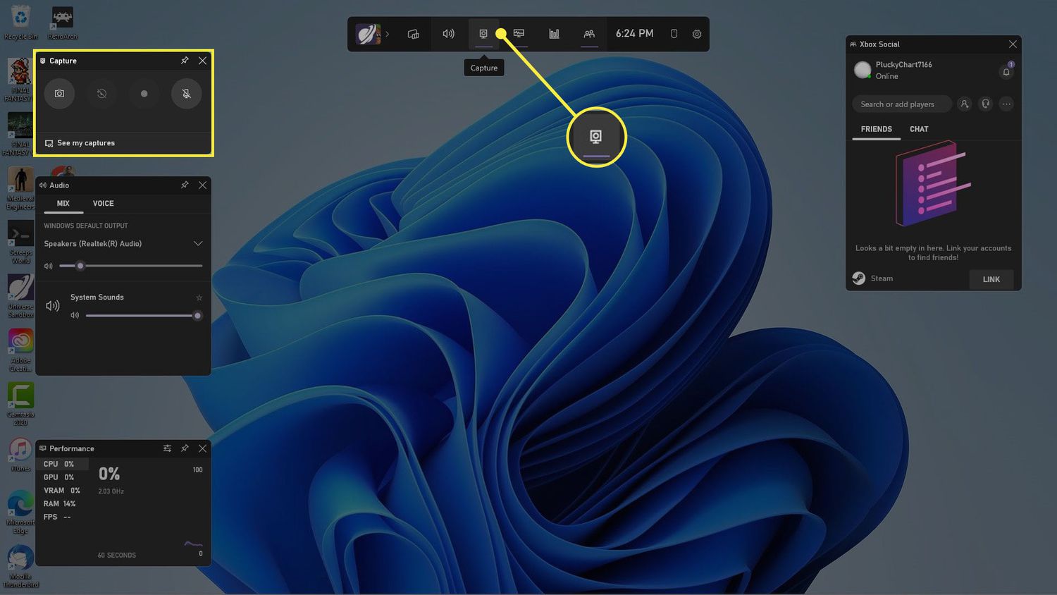 Capture Window and Capture Icon survue dans la barre de jeu Xbox.
