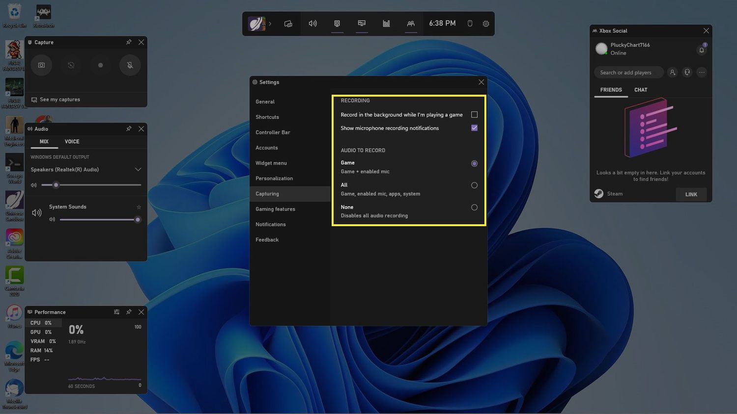 Jeu sélectionné sous Audio pour enregistrer dans Windows Xbox Game Bar paramètres