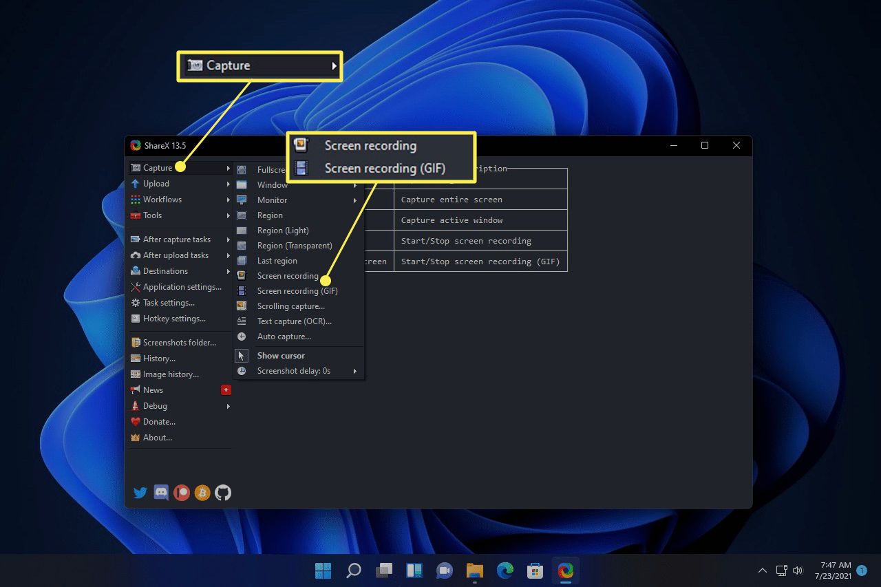 Options de menu de capture Sharex avec enregistrement d'écran surligné