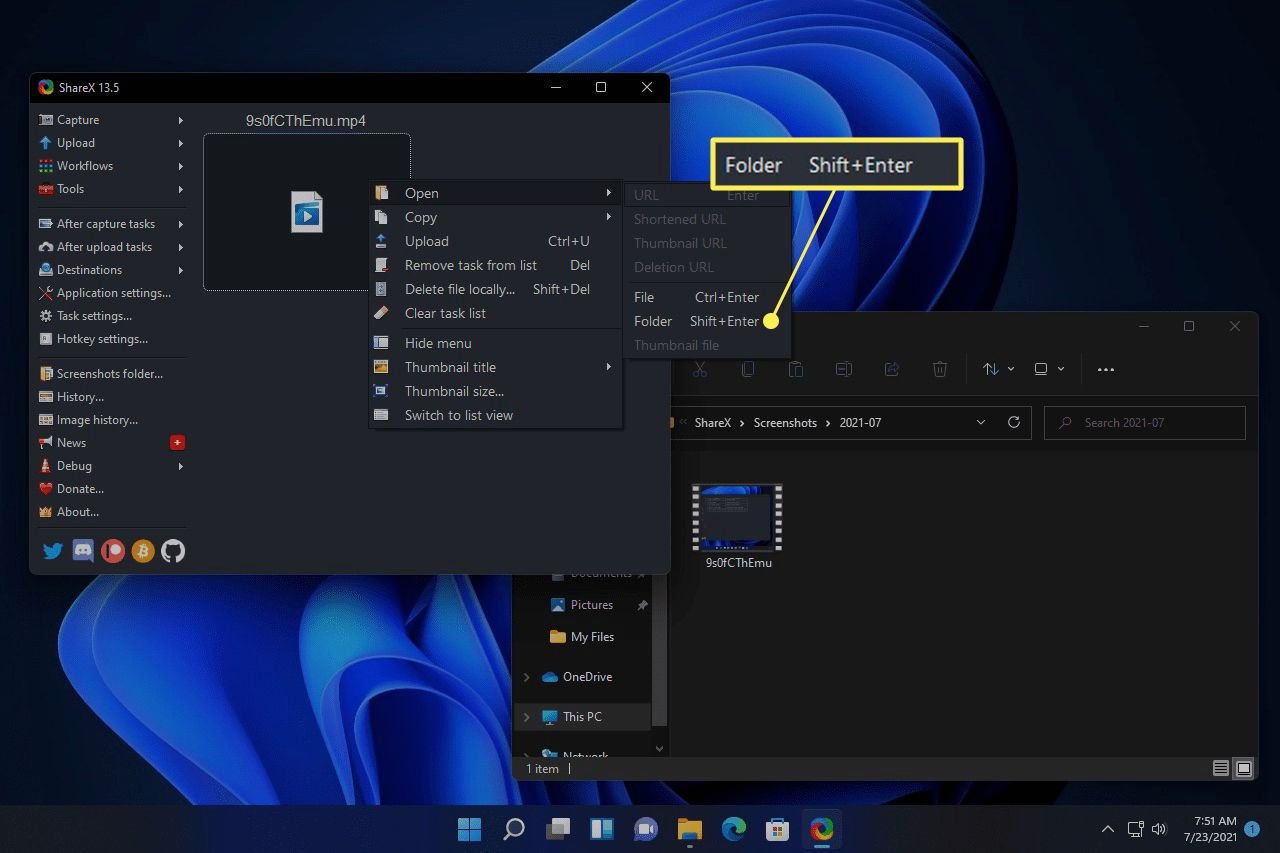 Option de menu de dossier Ouvrir Sharex surtout en surbrillance