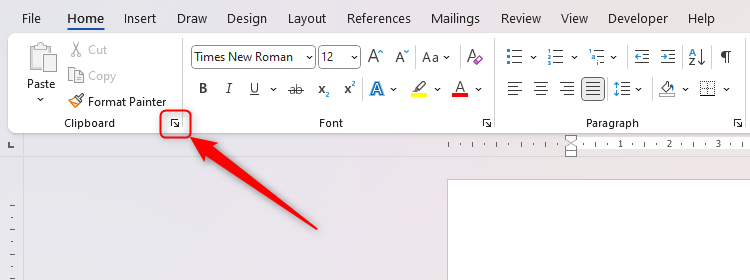 L'icône de lanceur de foyers de presse-papiers dans le groupe de presse-papiers de l'onglet Home sur le ruban dans Microsoft Word.