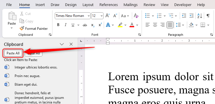 Le bouton Paste All dans le volet du presse-papiers de Microsoft Word est mis en surbrillance.