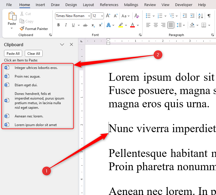 Le curseur est placé au début d'une paragaphe dans Microsoft Word, et les éléments dans le volet du presse-papiers sont prêts à être cliqués pour être ajoutés à l'endroit où le curseur est placé.