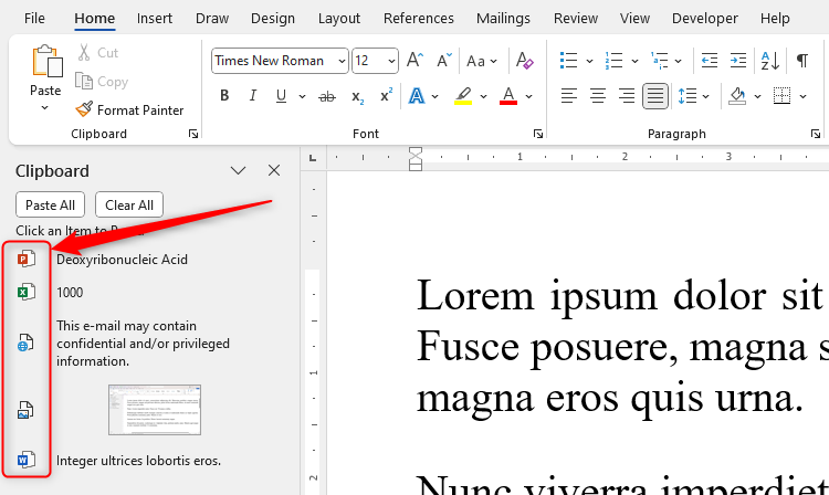 Les icônes représentant les désintations de divers éléments copiées sont affichées dans le volet de presse-papiers de Microsoft Word.
