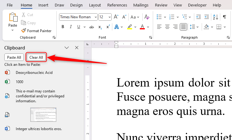 Le bouton Effacer tout en haut du volet à presse-papiers Microsoft Word.
