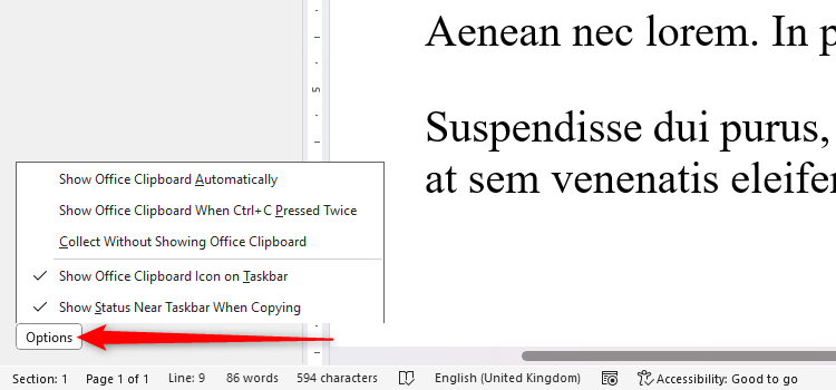 Le menu Options en bas du volet de presse-papiers de Microsoft Word est élargi pour révéler les cinq fonctionnalités de personnalisation du presse-papiers.