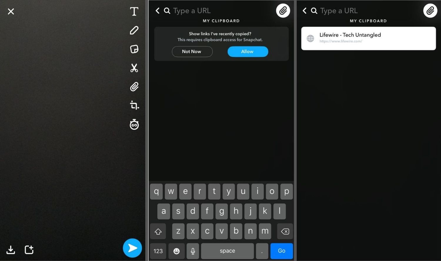 Trois captures d'écran de l'application Snapchat pour iOS.