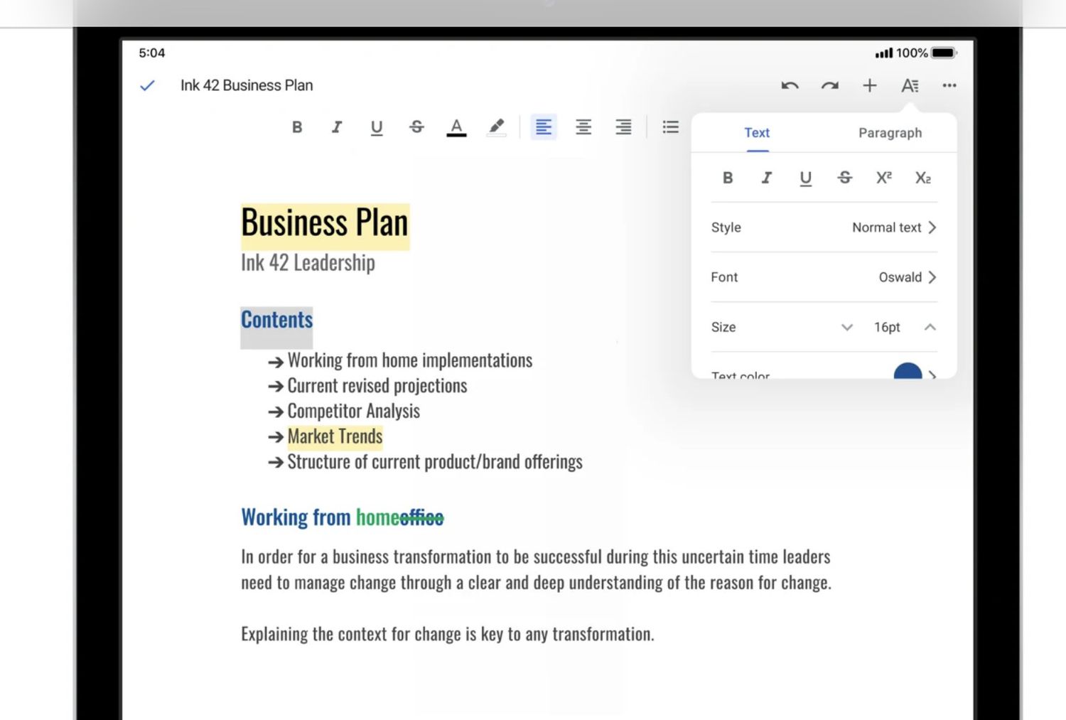 Application Google Docs iOS sur un iPad