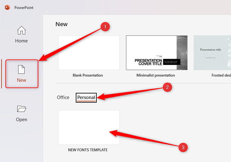 Écran de bienvenue de Microsoft PowerPoint, avec un modèle personnalisé appelé nouveau modèle de polices sélectionné dans la section personnelle du nouveau menu.