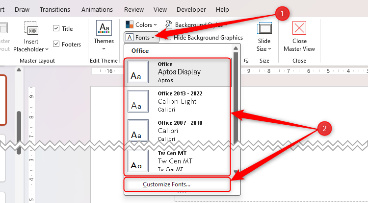 Le sélecteur de police Slide Master dans Microsoft PowerPoint, avec les styles par défaut et personnaliser les polices indiquées comme les deux options à partir desquelles sélectionner.