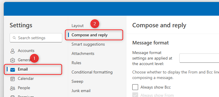 Les menus e-mail et composez et répondent dans la fenêtre des paramètres de New Outllook.