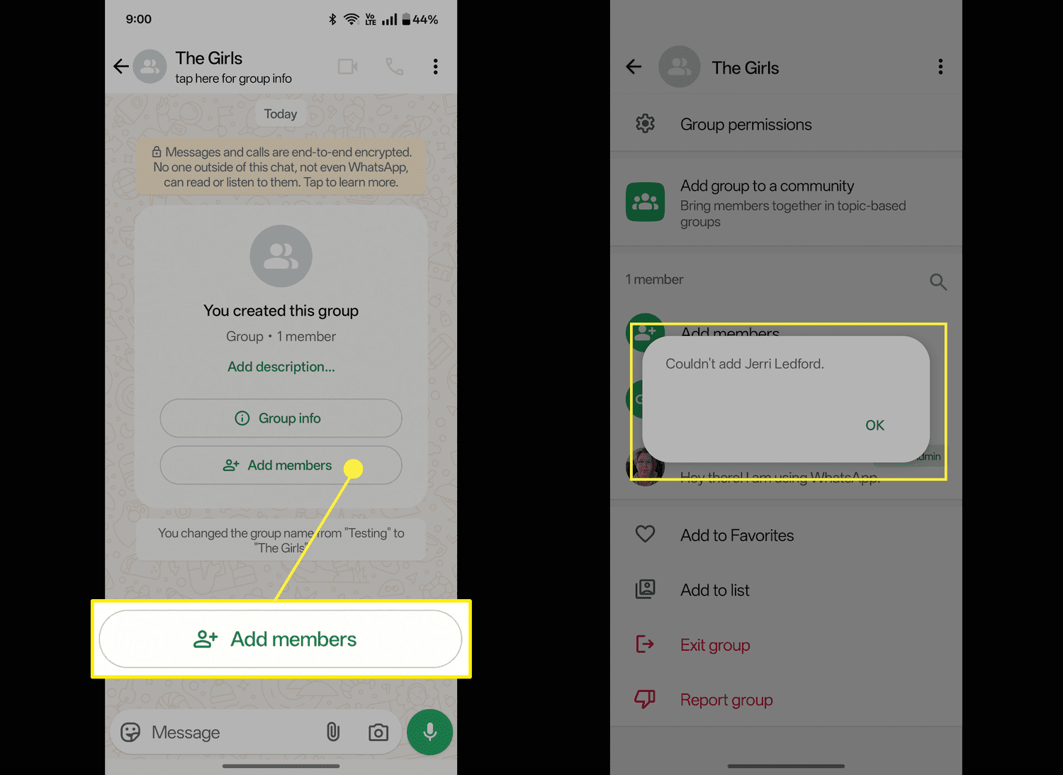 Essayer d'ajouter un contact bloqué au groupe W WhatsApp.