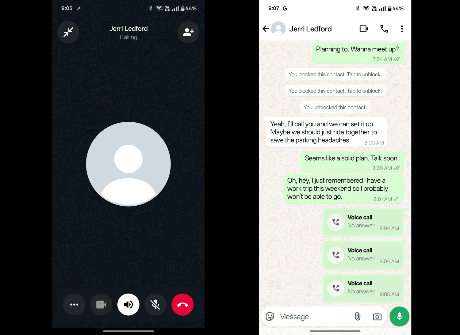 Captures d'écran montrant plusieurs tentatives pour appeler un contact WhatsApp qui vous a bloqué.
