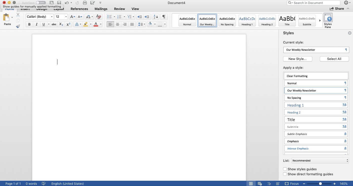 Capture d'écran de document ouvert et de styles dans Microsoft Word