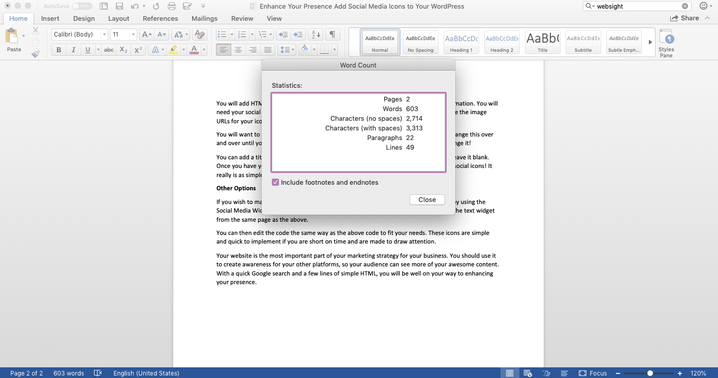 Capture d'écran de la fenêtre de nombre de mots sur Microsoft Word