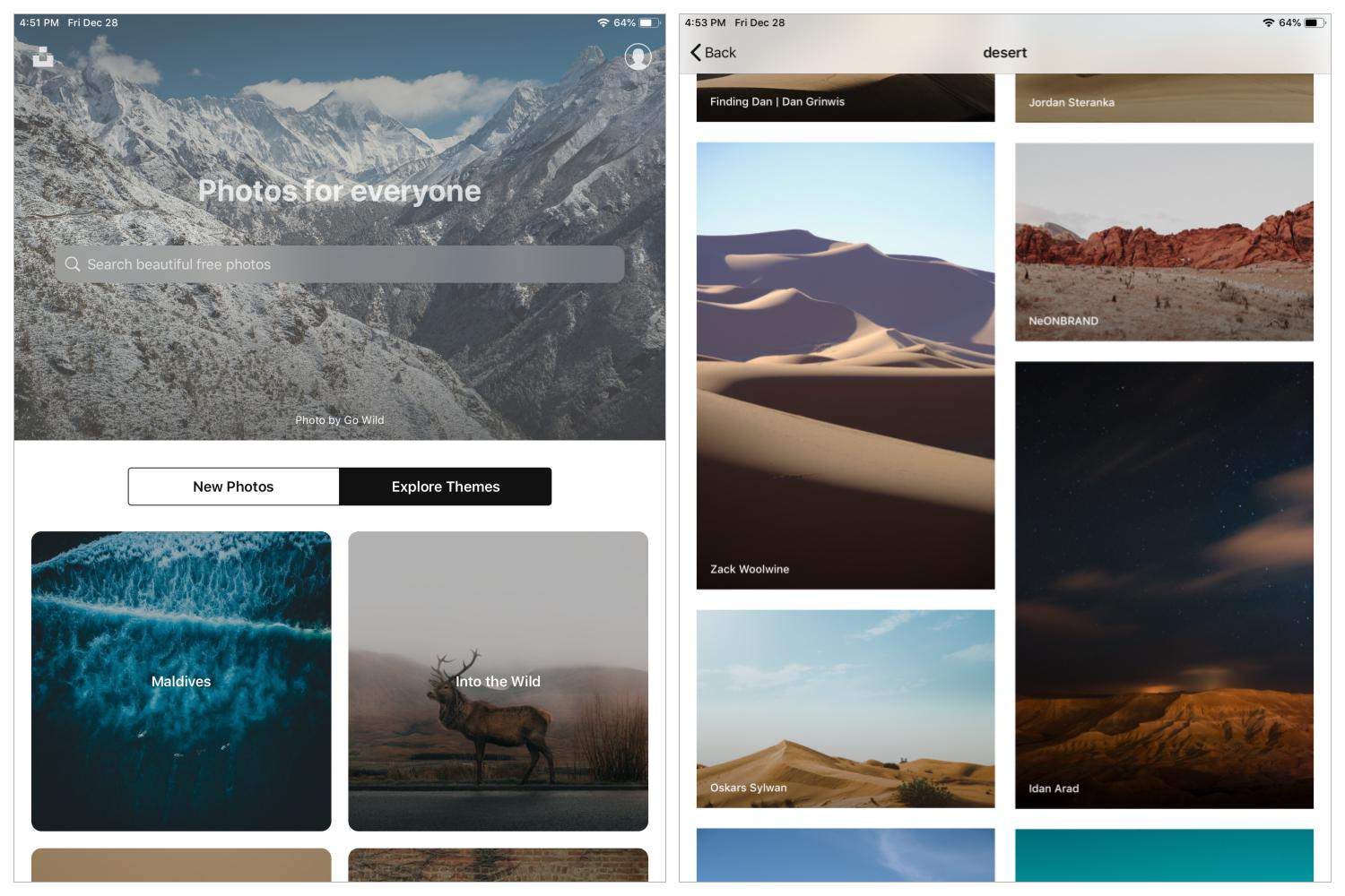 Deux captures d'écran, (à gauche) éclater l'écran de recherche avec "nouvelles photos" et "explorer les thèmes" et les options de recherche; (à droite) Résultats pour les images "désert" montrées