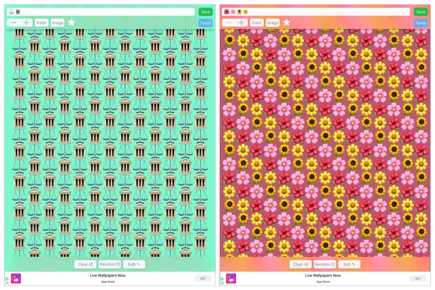Deux captures d'écran des emoji aléatoires (à gauche) Court et échelles de justice, (à droite) quatre types de fleurs