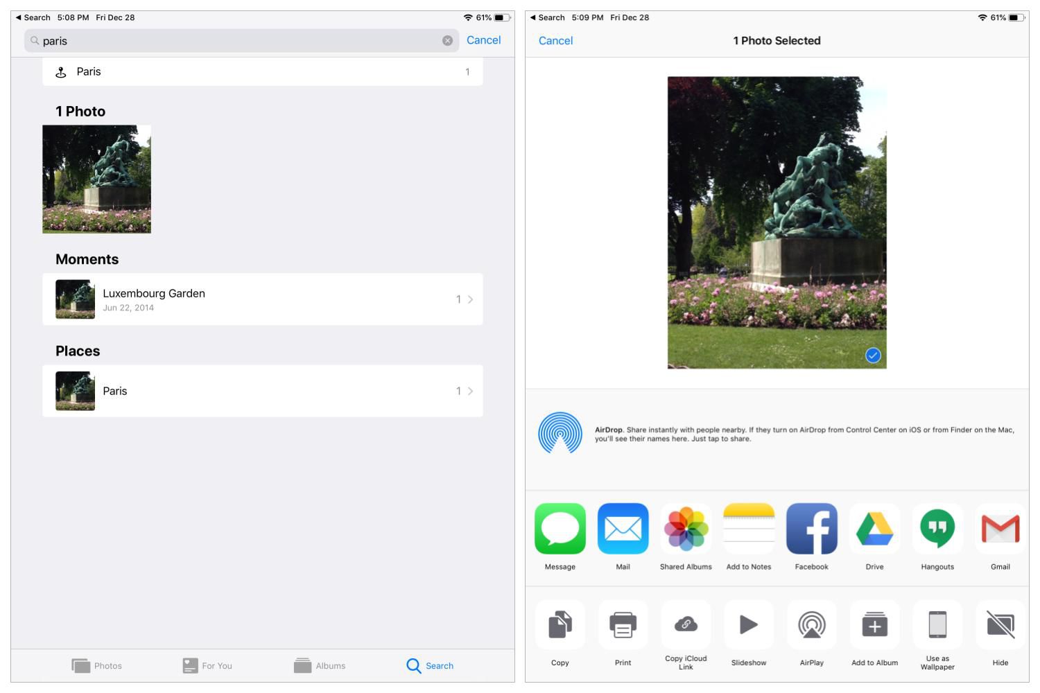 Deux captures d'écran (à gauche) Photo de Luxembourg Gardens; (à droite) Partagez le menu qui affiche l'option "Utiliser comme fond d'écran" dans le coin inférieur droit