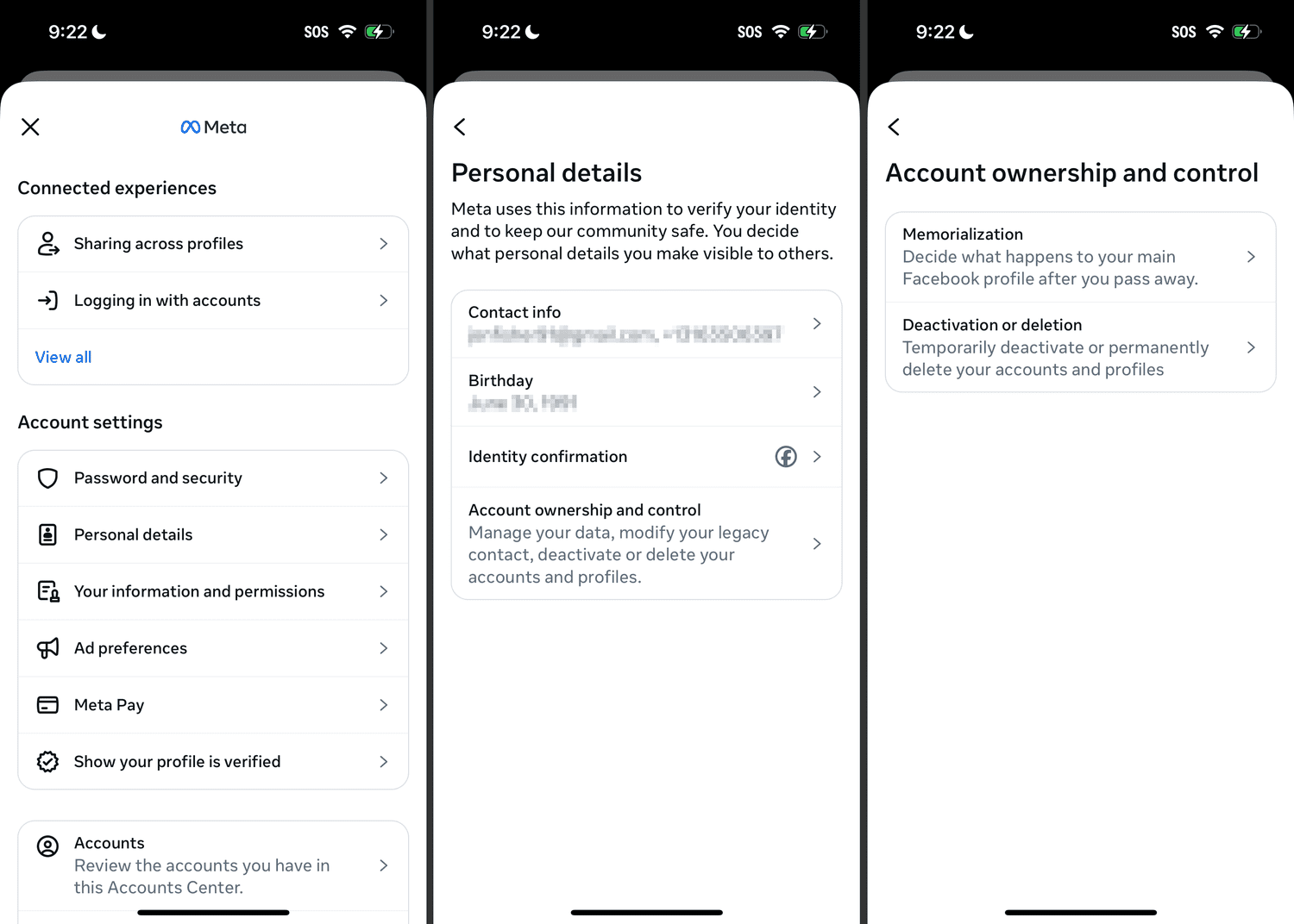 Options de propriété et de contrôle du compte Facebook sur iPhone