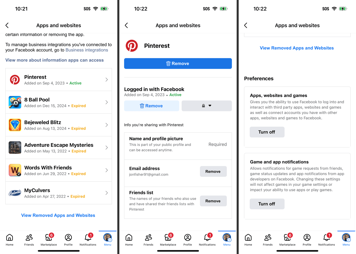 Écrans d'applications et de sites Web de l'application Facebook iPhone