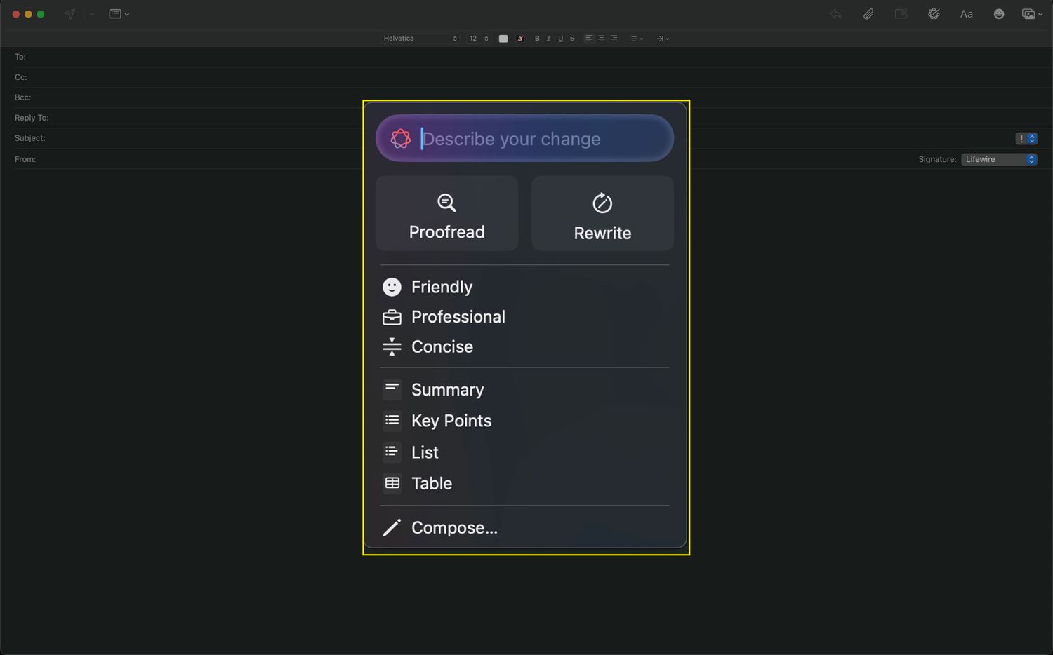 Options d'intelligence Apple dans le courrier pour macOS