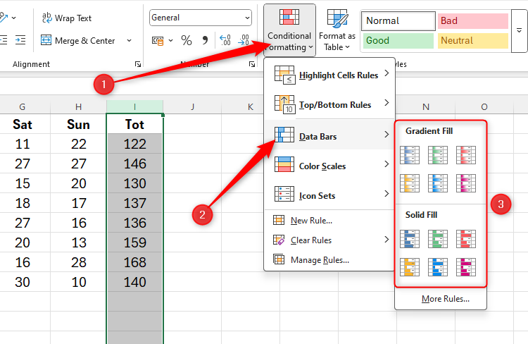 Le menu déroulant de mise en forme conditionnel dans Excel, avec des barres de données sélectionnées et les différentes options de remplissage de couleurs disponibles.