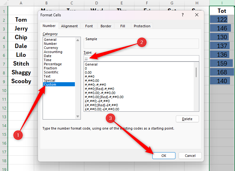 La boîte de dialogue des cellules de format dans Microsoft Excel, avec le formatage du numéro personnalisé sélectionné, trois demi-virages tapés dans la boîte de type et le bouton OK sélectionné.