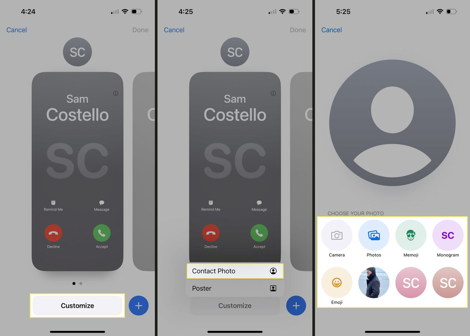 Étapes en surbrillance pour choisir une photo de contact pour une affiche de contact sur un iPhone.