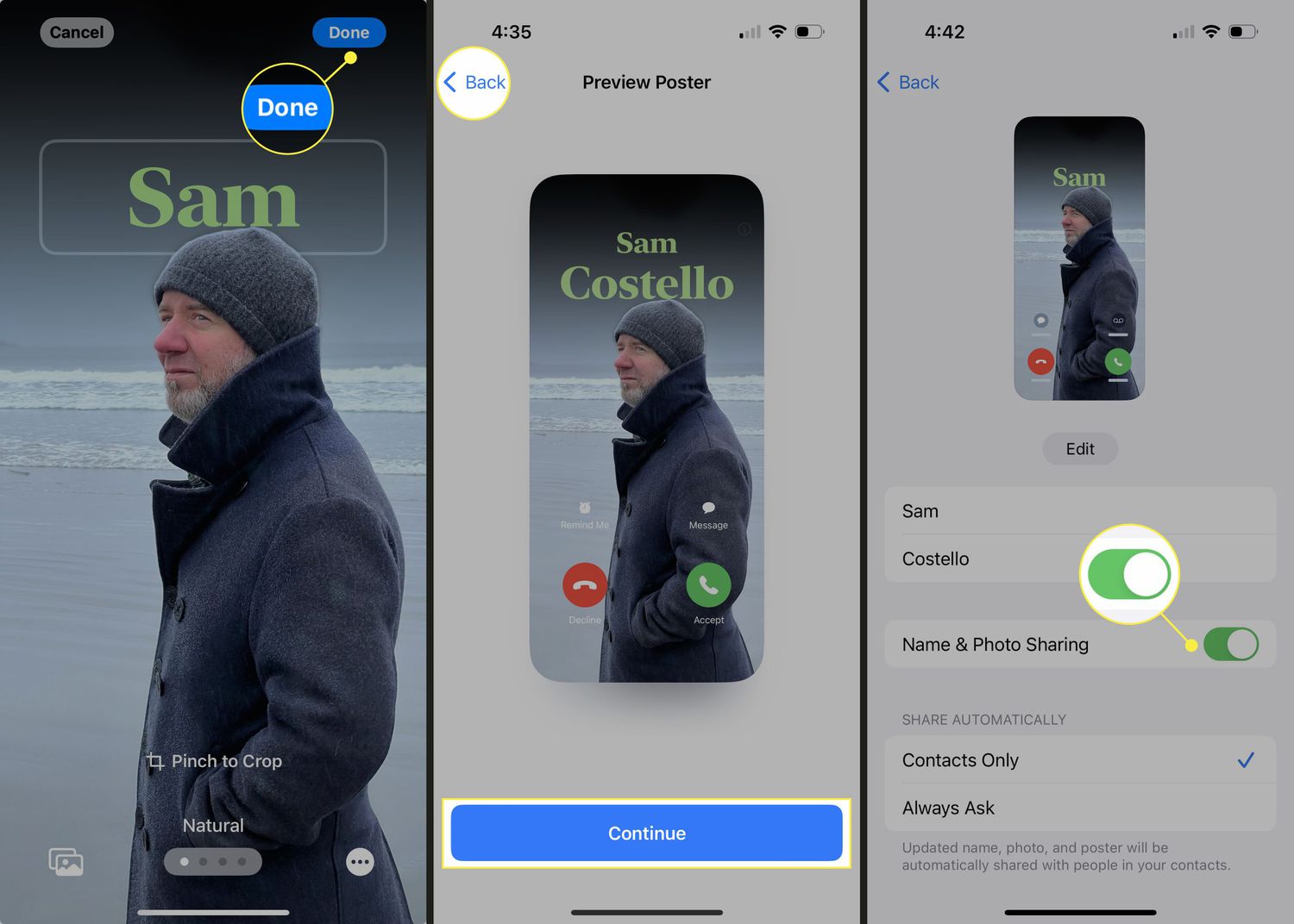 Étapes en surbrillance pour activer à l'aide de l'affiche de contact sur un iPhone.
