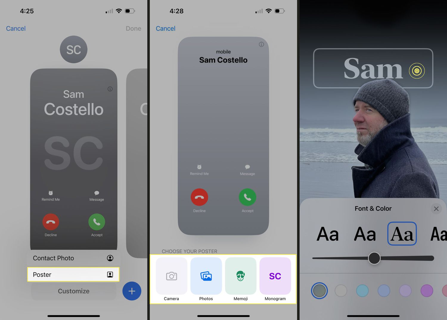 Étapes en surbrillance pour choisir la partie affiche de l'affiche de contact sur un iPhone.