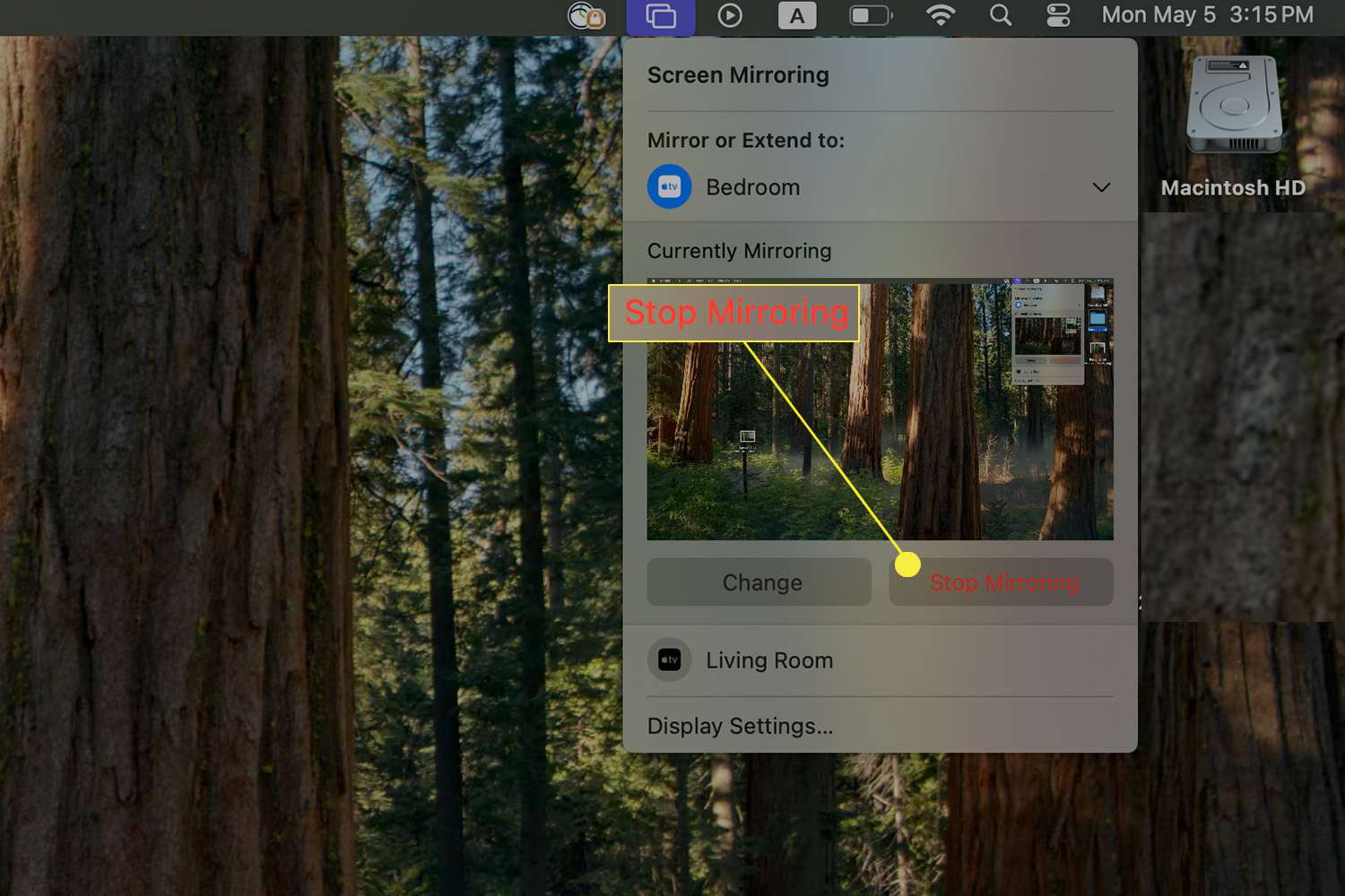 Arrêter le bouton miroir dans le menu de miroir d'écran sur un Mac