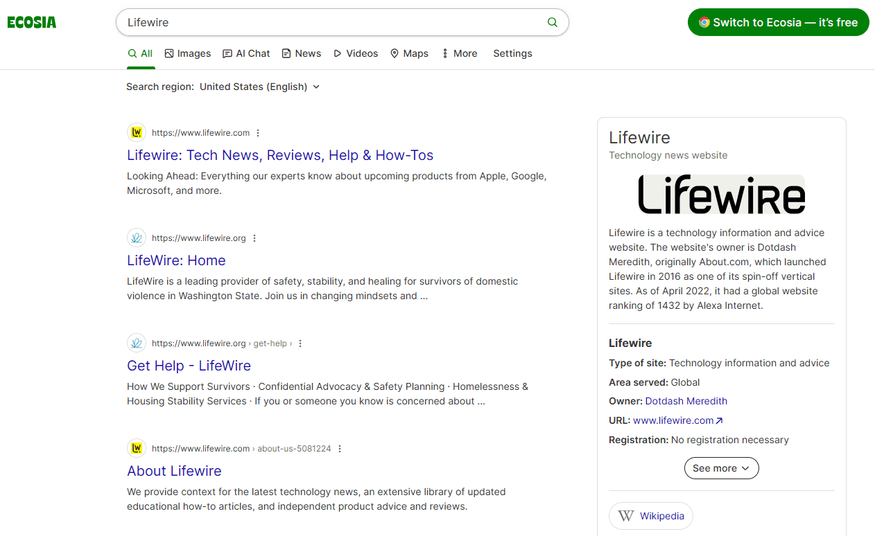 Résultats de recherche sur le Web du moteur de recherche Ecosia