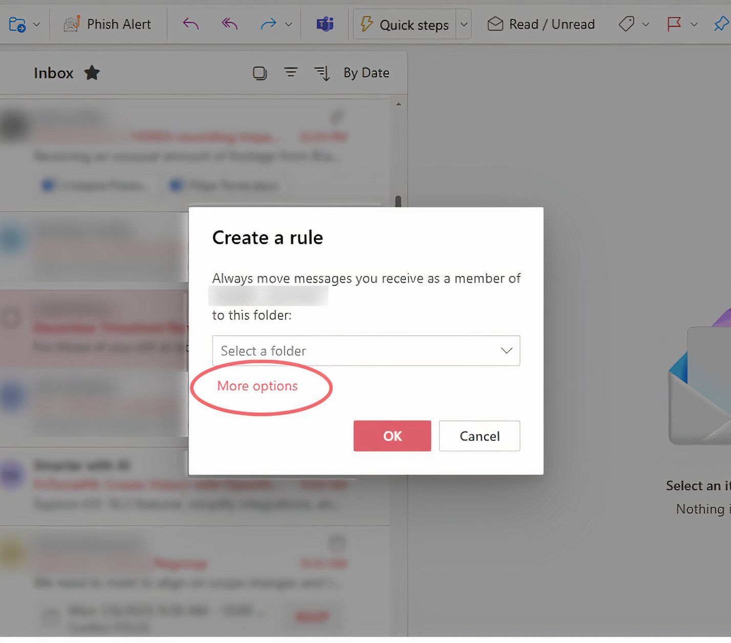 Capture d'écran de la création d'un sous-menu de règle dans la "nouvelle" Outlook sur le bureau